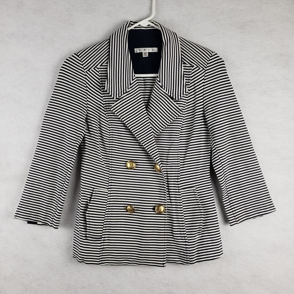 Cabi Women's XS Gold Button Blazer Jacker Navy White Stripes Preppy Office Twee‎